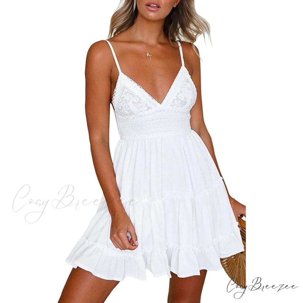 Womens V-Neck Spaghetti Strap Bowknot Backless Lace Mini Swing Skater Dress White / S