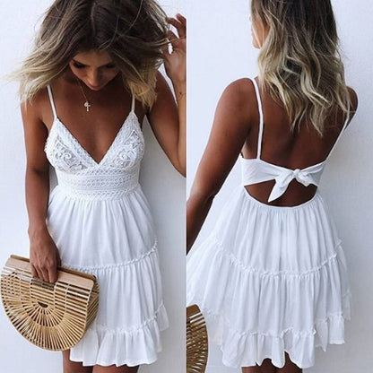 Womens V-Neck Spaghetti Strap Bowknot Backless Lace Mini Swing Skater Dress