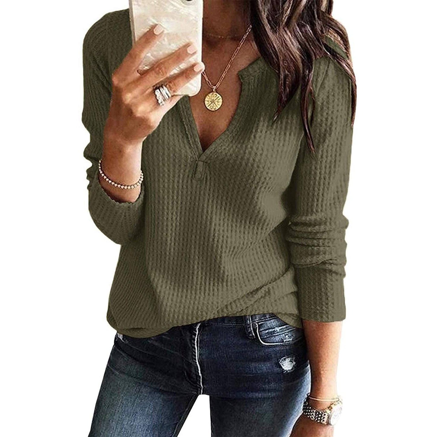 Waffle Neck Tops Knit Henley V for Women