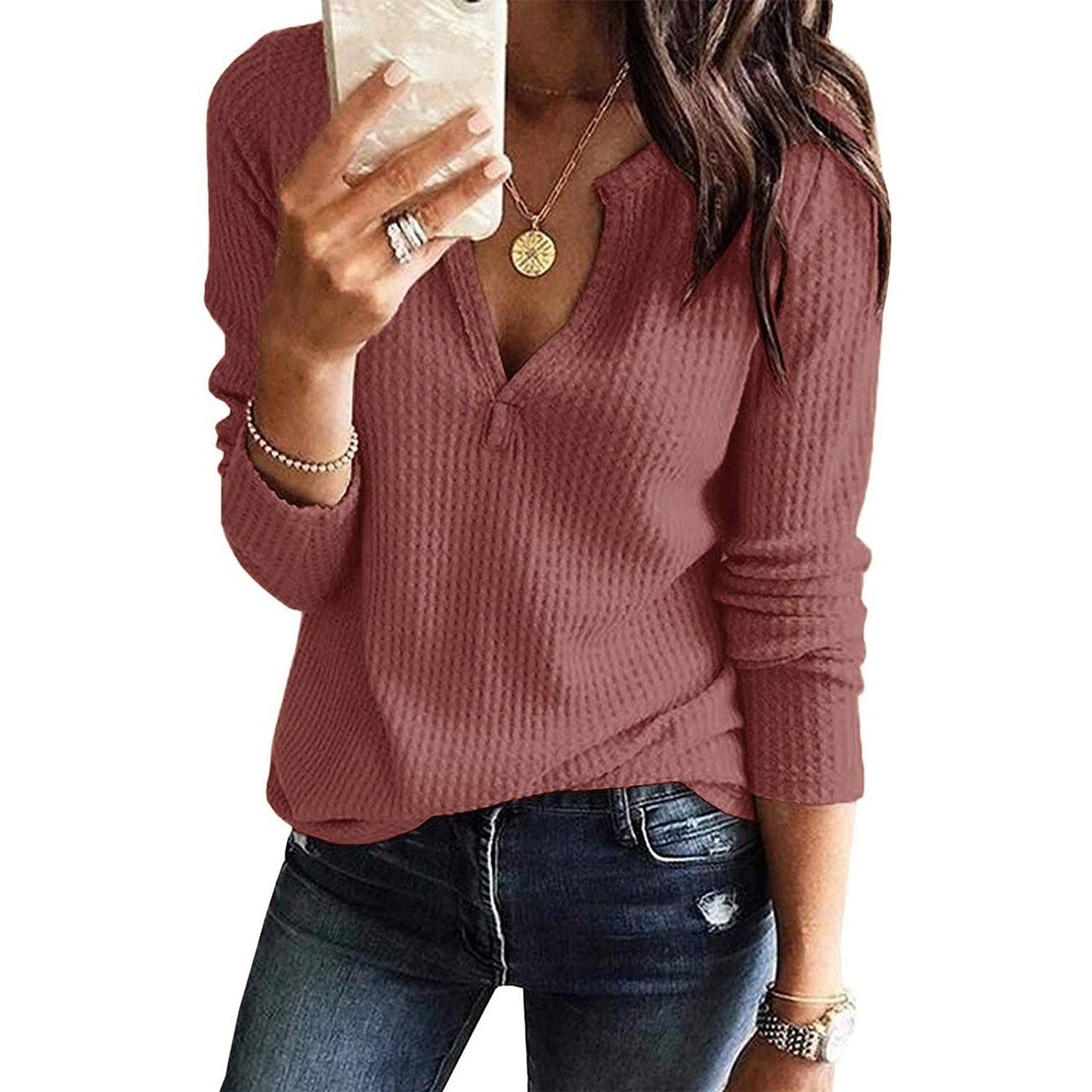 Waffle Neck Tops Knit Henley V for Women