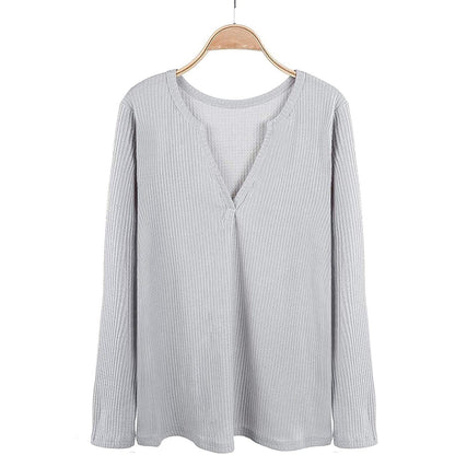 Waffle Neck Tops Knit Henley V for Women