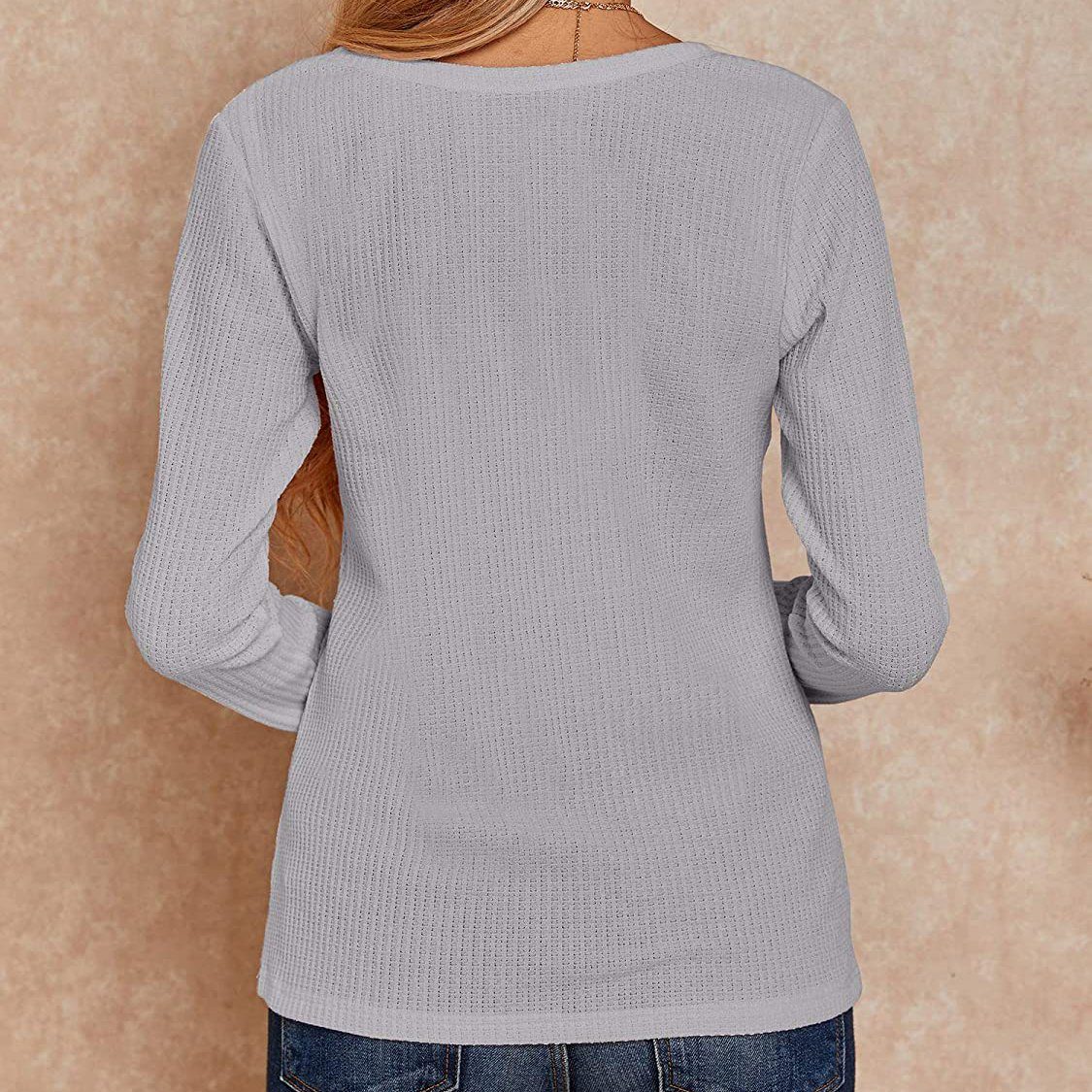 Waffle Neck Tops Knit Henley V for Women