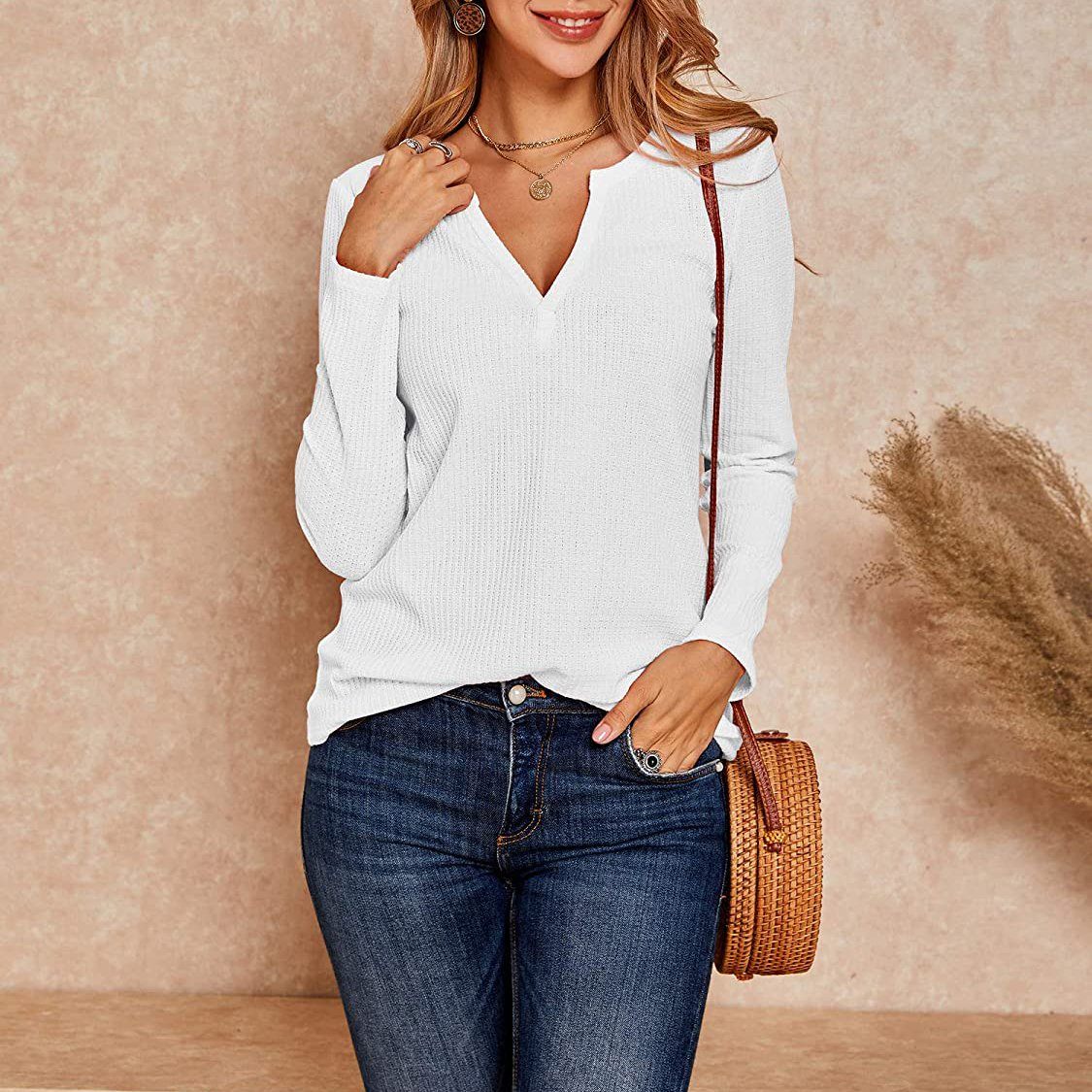 Waffle Neck Tops Knit Henley V for Women