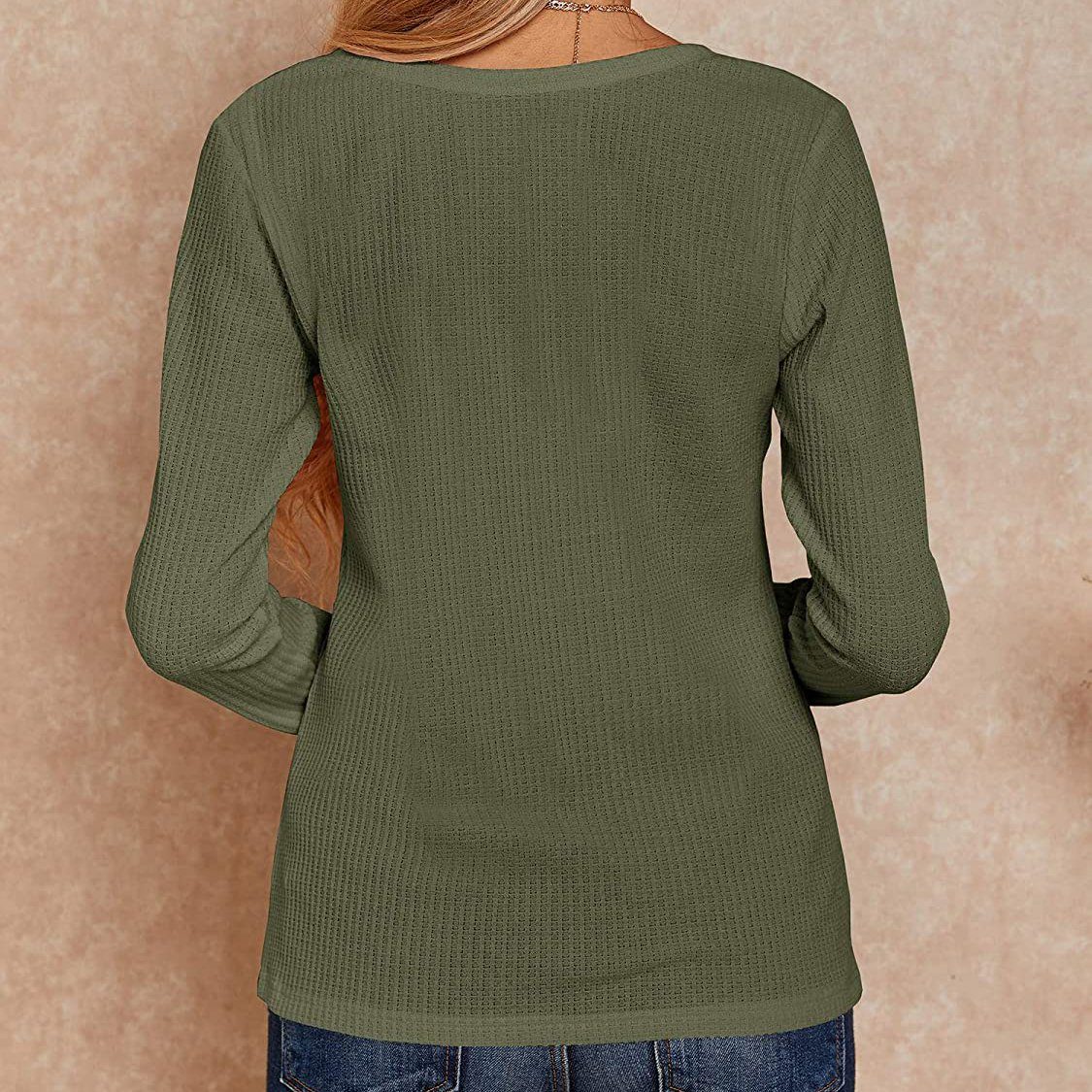 Waffle Neck Tops Knit Henley V for Women