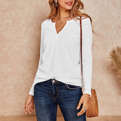 Waffle Neck Tops Knit Henley V for Women