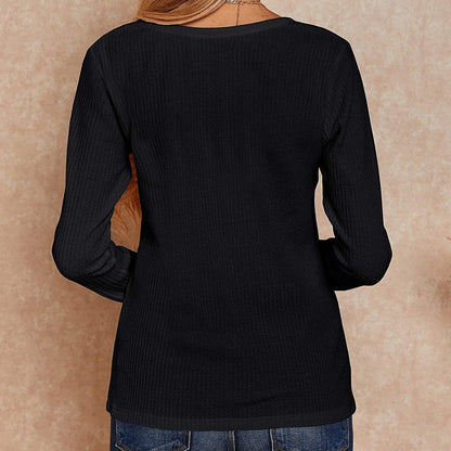 Waffle Neck Tops Knit Henley V for Women