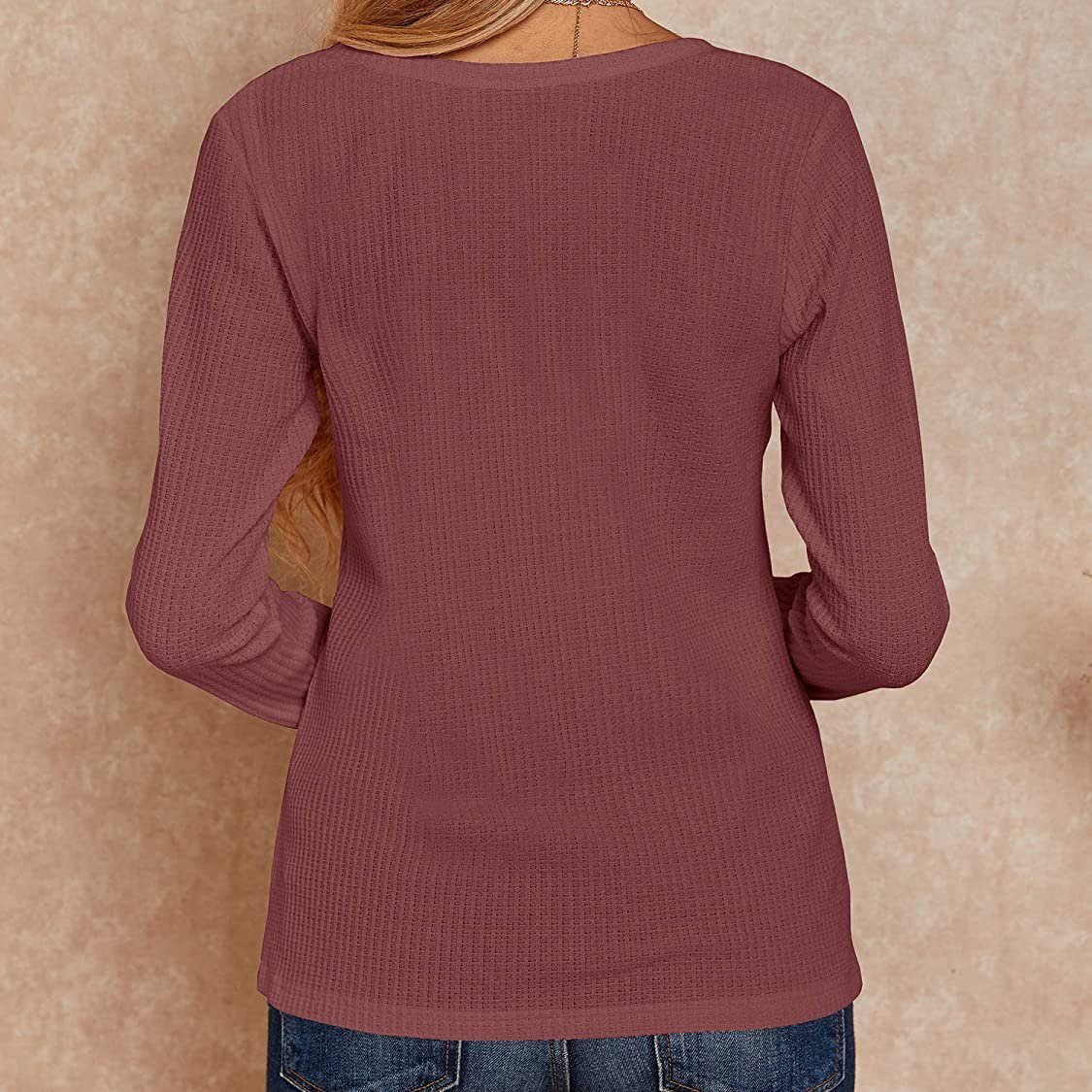 Waffle Neck Tops Knit Henley V for Women