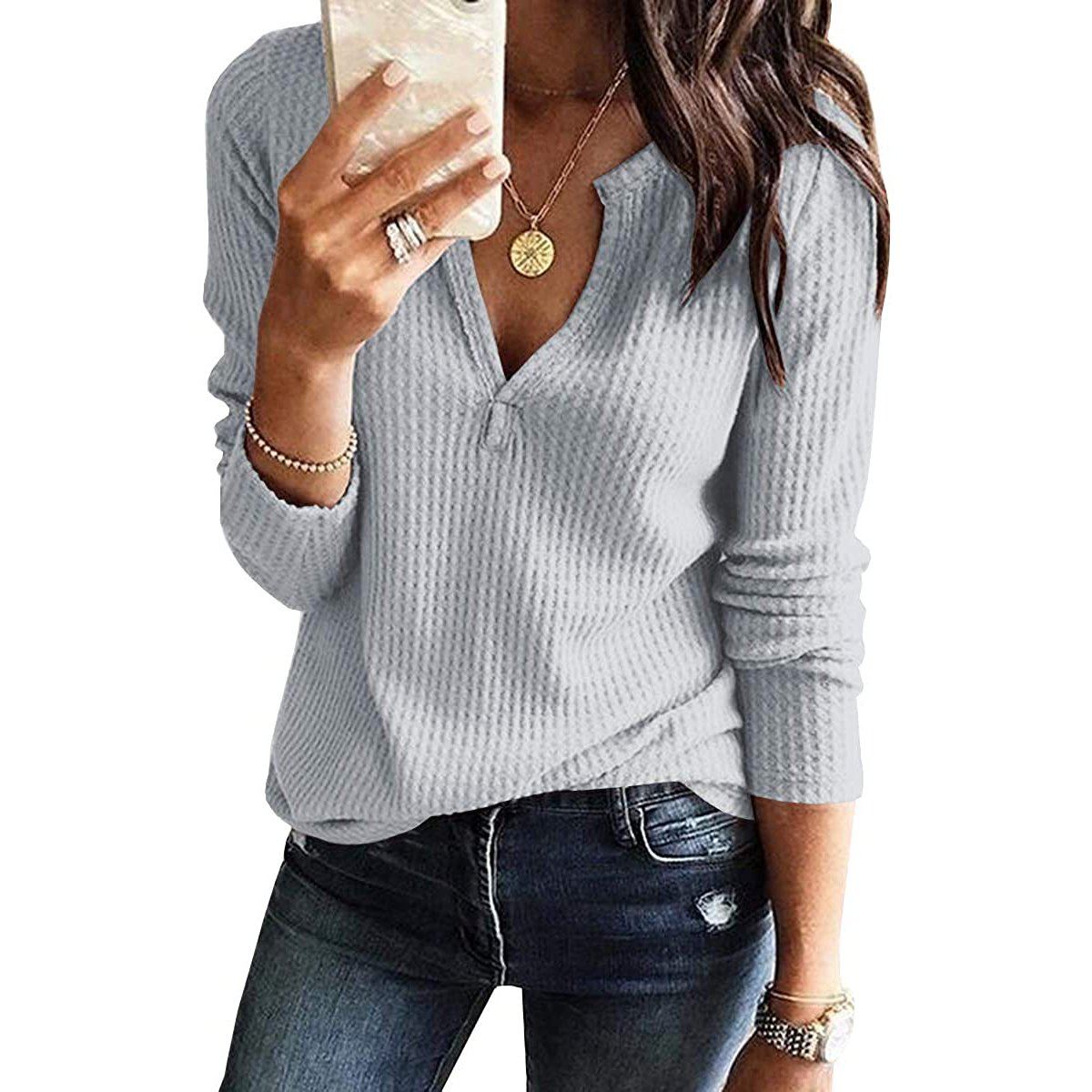 Waffle Neck Tops Knit Henley V for Women