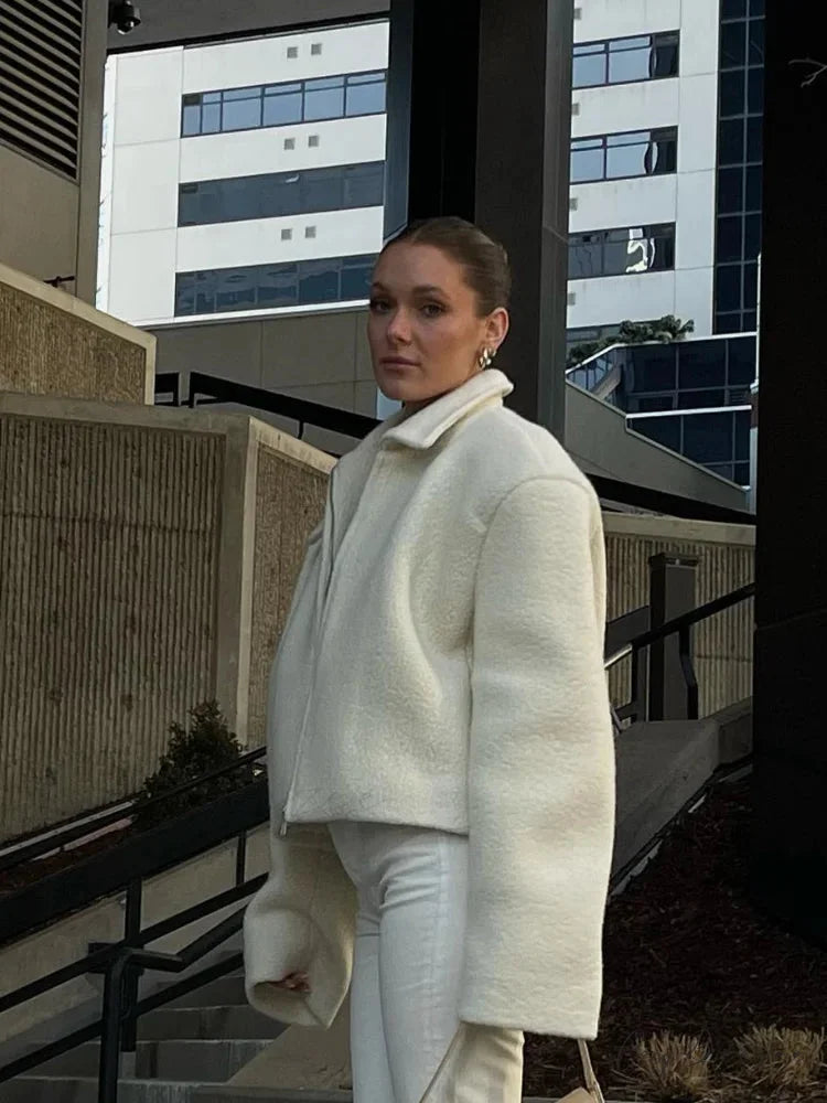 Womens White Lamb Wool Zipper Coat coats-241228