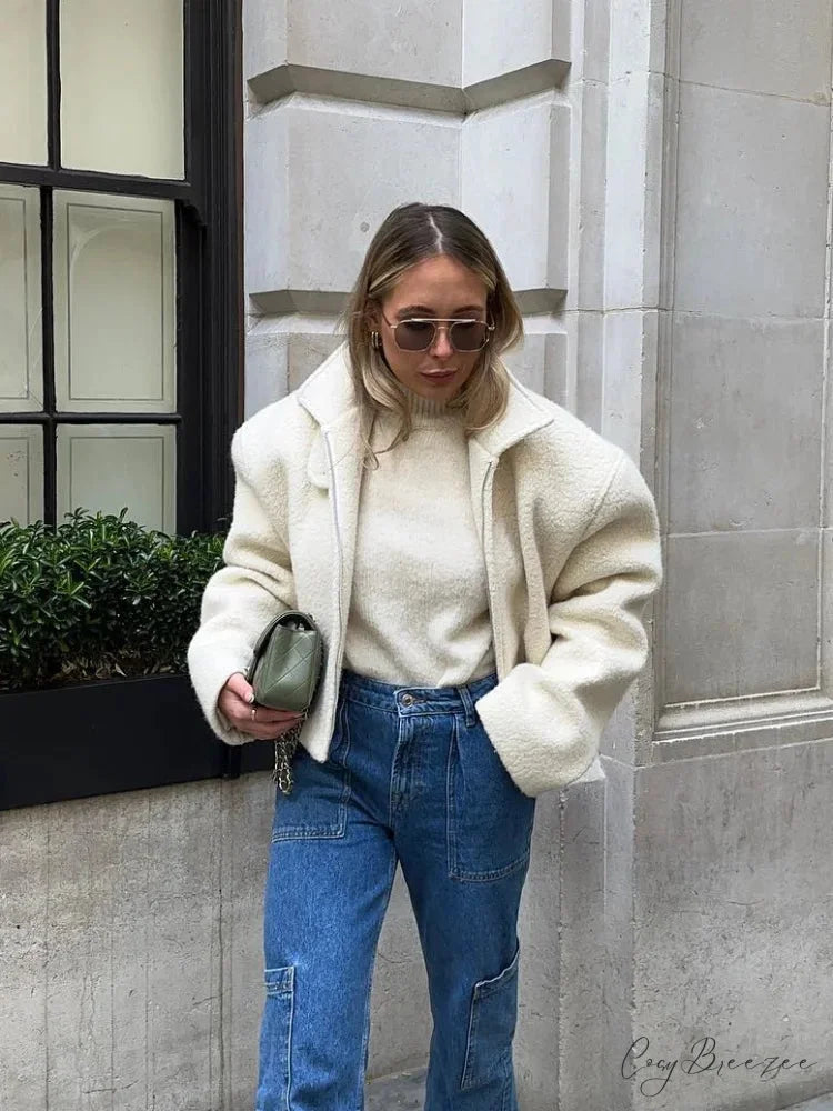 Womens White Lamb Wool Zipper Coat coats-241228