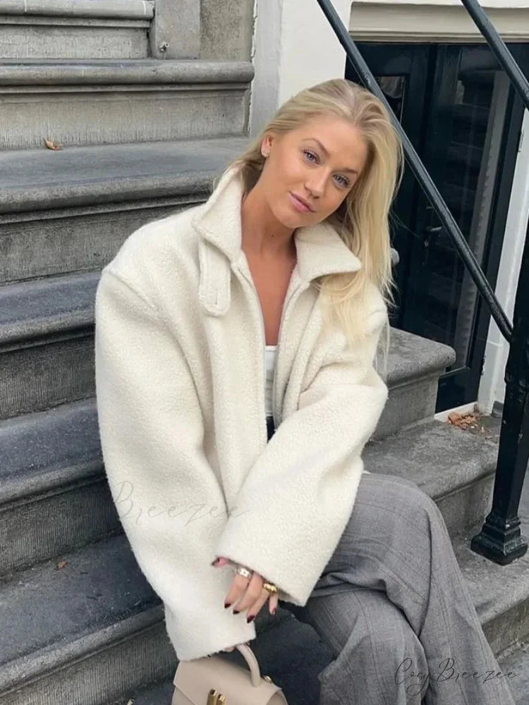 Womens White Lamb Wool Zipper Coat coats-241228