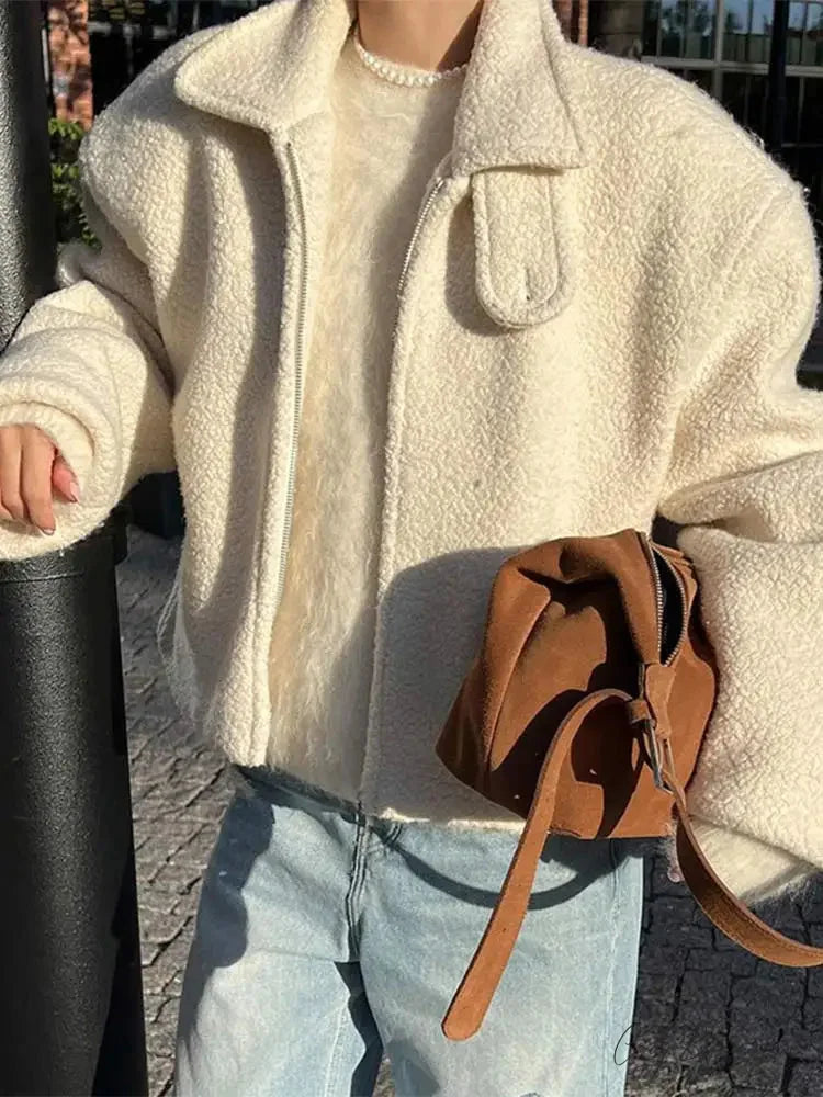 Womens White Lamb Wool Zipper Coat coats-241228
