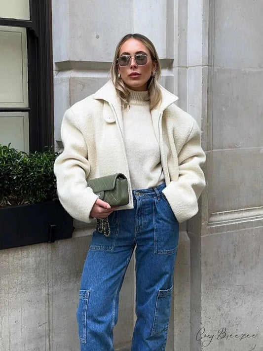 Womens White Lamb Wool Zipper Coat coats-241228