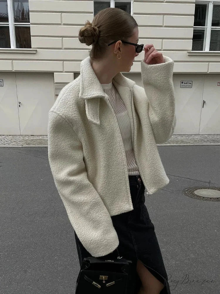 Womens White Lamb Wool Zipper Coat coats-241228