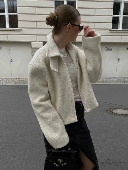 Womens White Lamb Wool Zipper Coat coats-241228