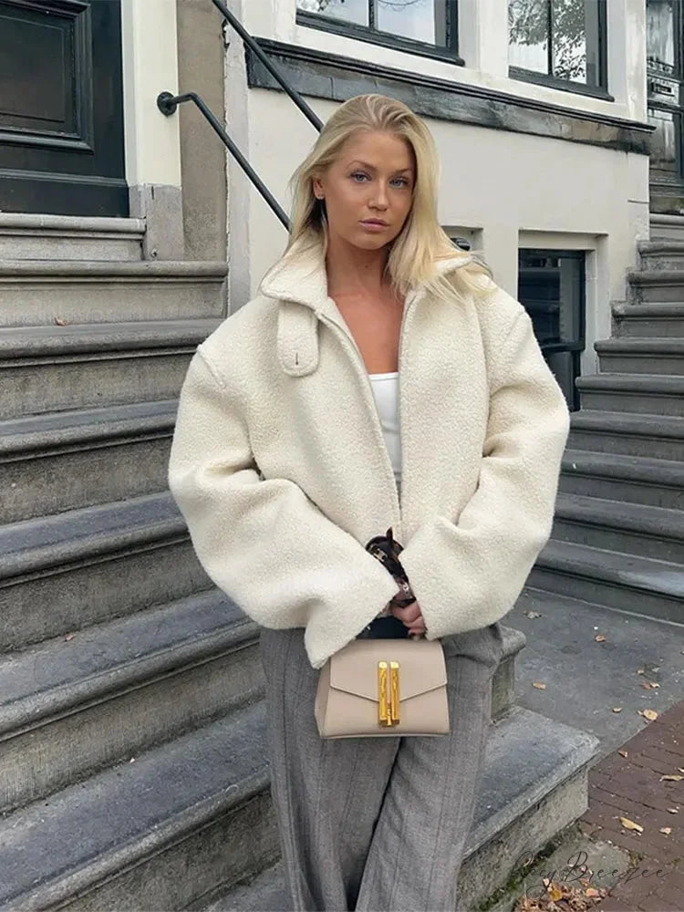Womens White Lamb Wool Zipper Coat White / S coats-241228