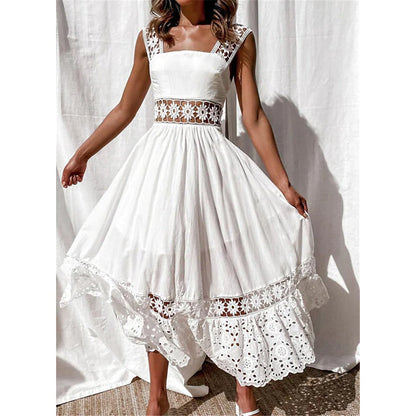 White Sleeveless Solid Lace Panel Dress for Women