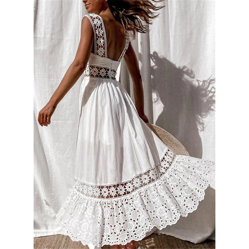 White Sleeveless Solid Lace Panel Dress for Women