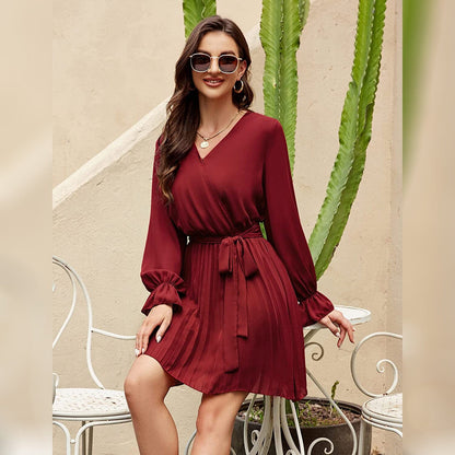 Wrap V Neck Pleated Long Sleeve Mini Dress for Women