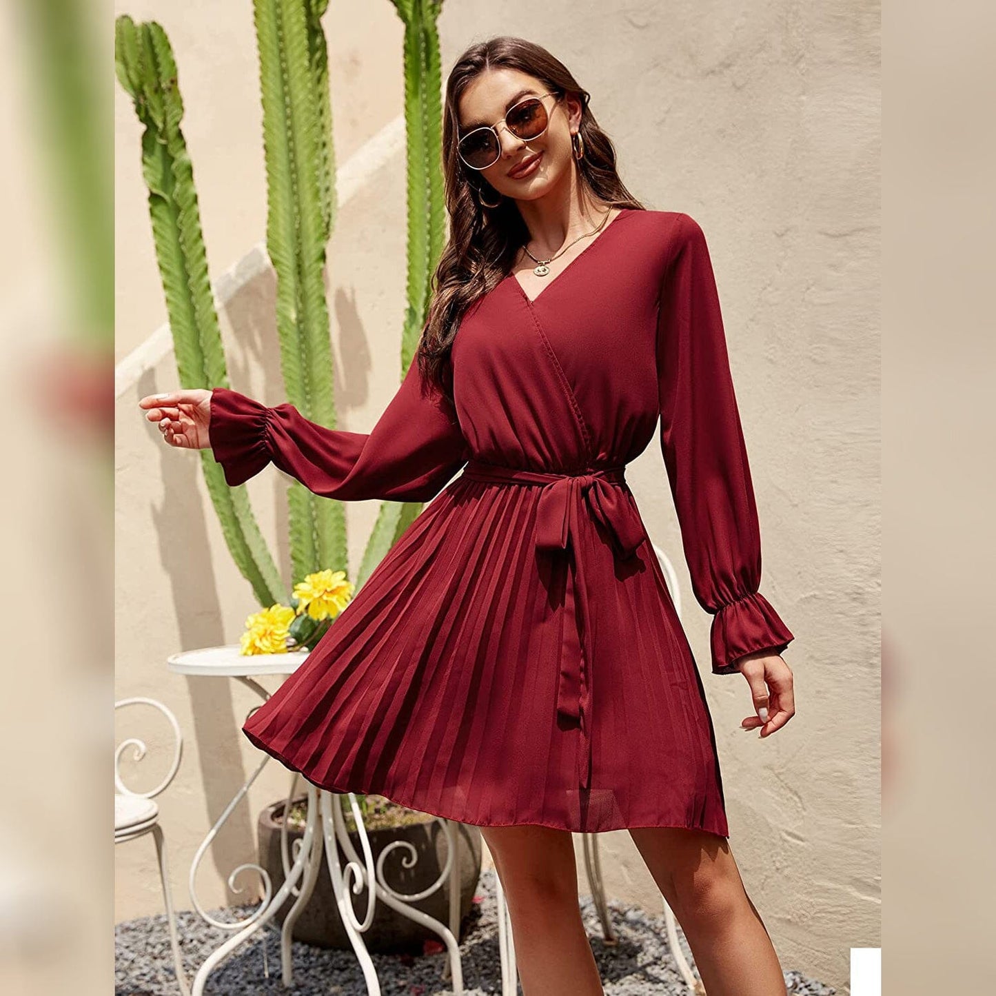 Wrap V Neck Pleated Long Sleeve Mini Dress for Women