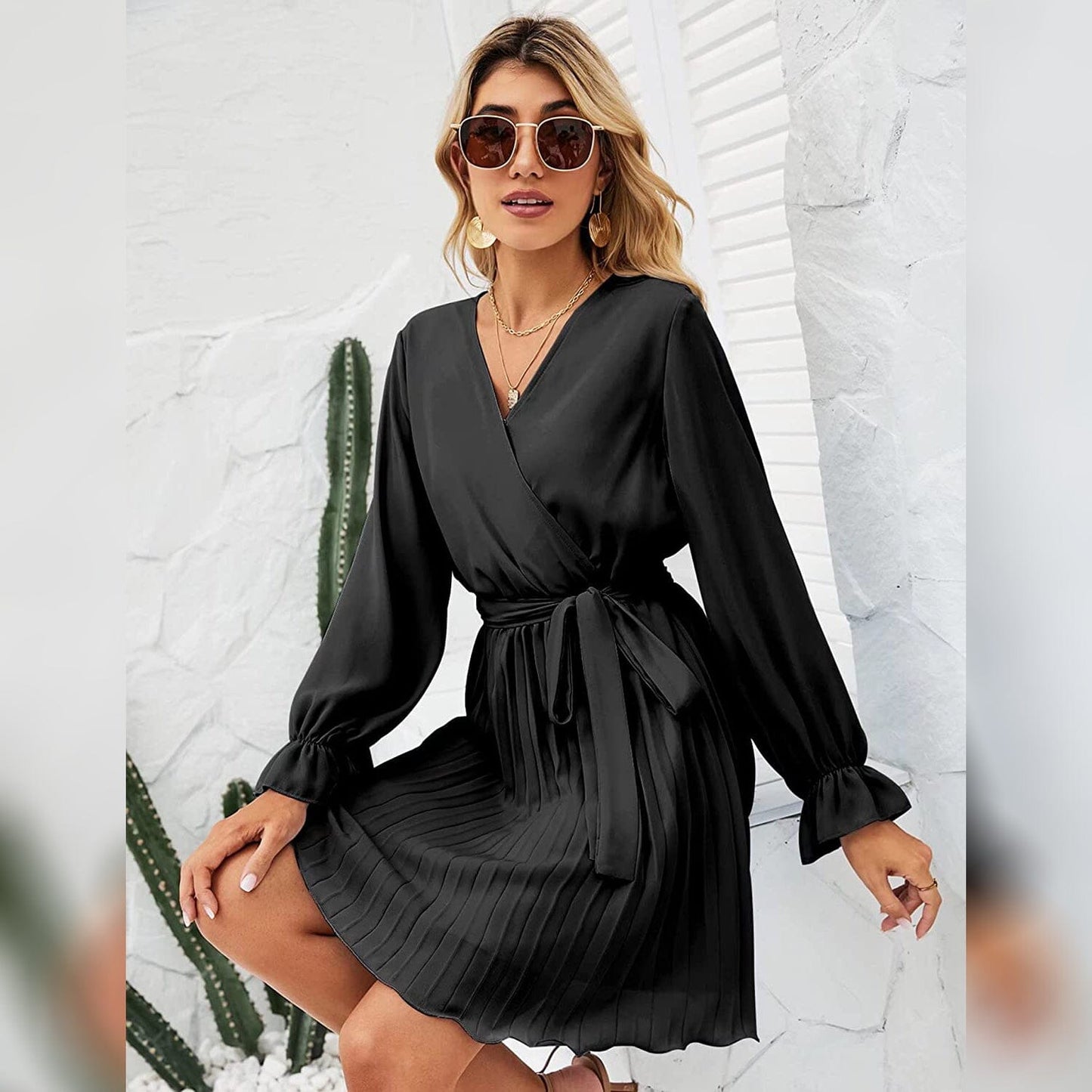 Wrap V Neck Pleated Long Sleeve Mini Dress for Women