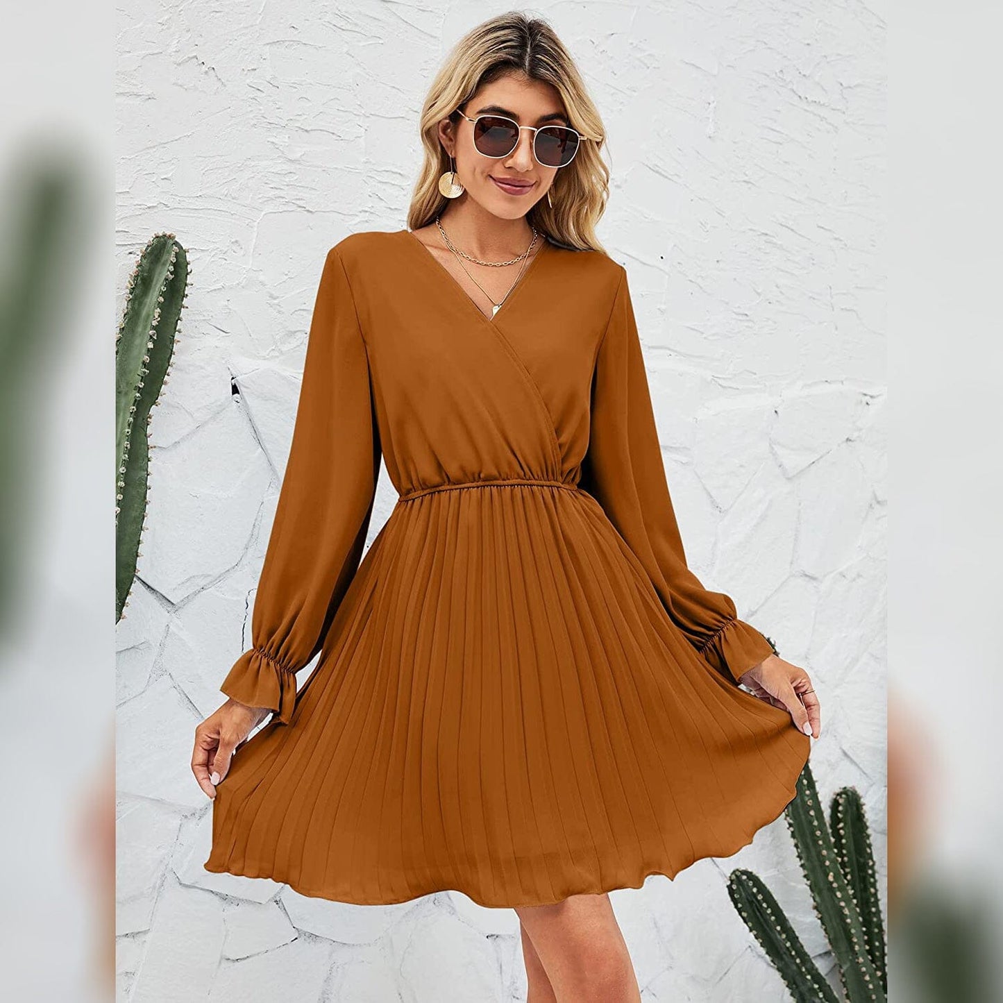 Wrap V Neck Pleated Long Sleeve Mini Dress for Women