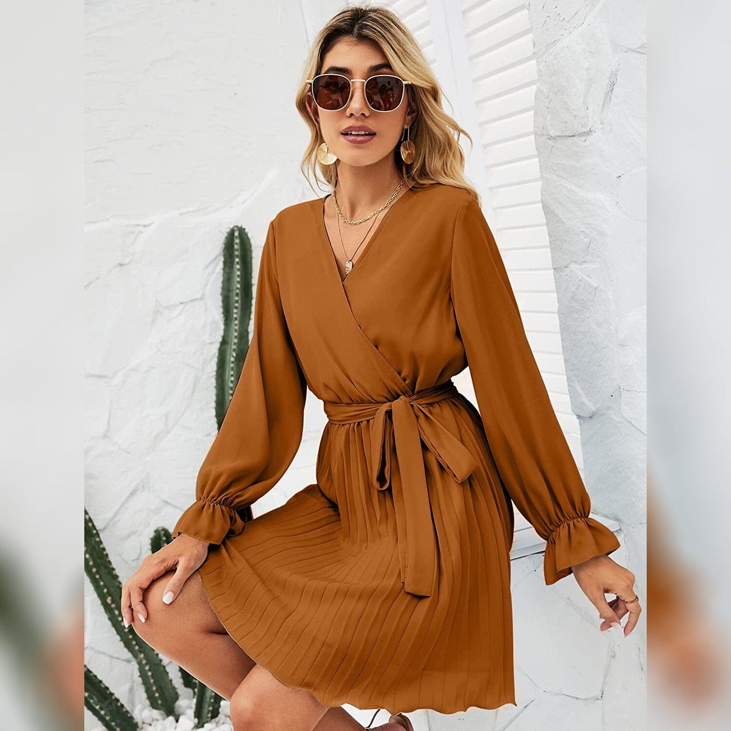 Wrap V Neck Pleated Long Sleeve Mini Dress for Women