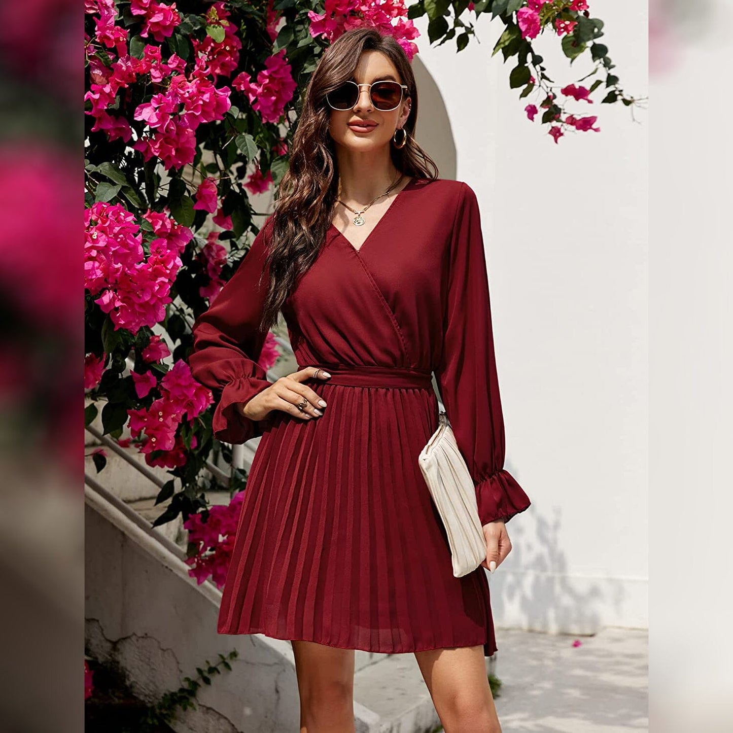 Wrap V Neck Pleated Long Sleeve Mini Dress for Women