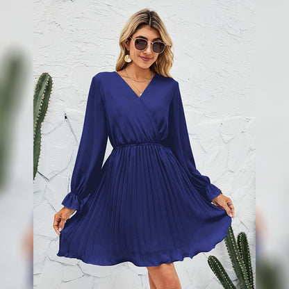 Wrap V Neck Pleated Long Sleeve Mini Dress for Women