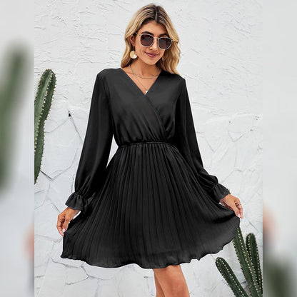 Wrap V Neck Pleated Long Sleeve Mini Dress for Women