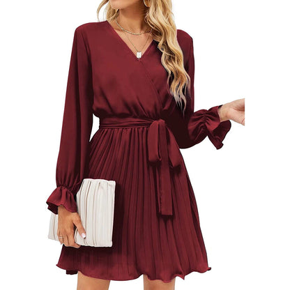 Wrap V Neck Pleated Long Sleeve Mini Dress for Women