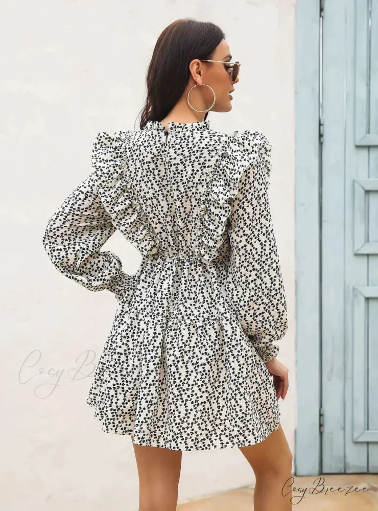 Wood Ear Collar Long Sleeve Printed Dress with Ruffled Detail M / BLACK