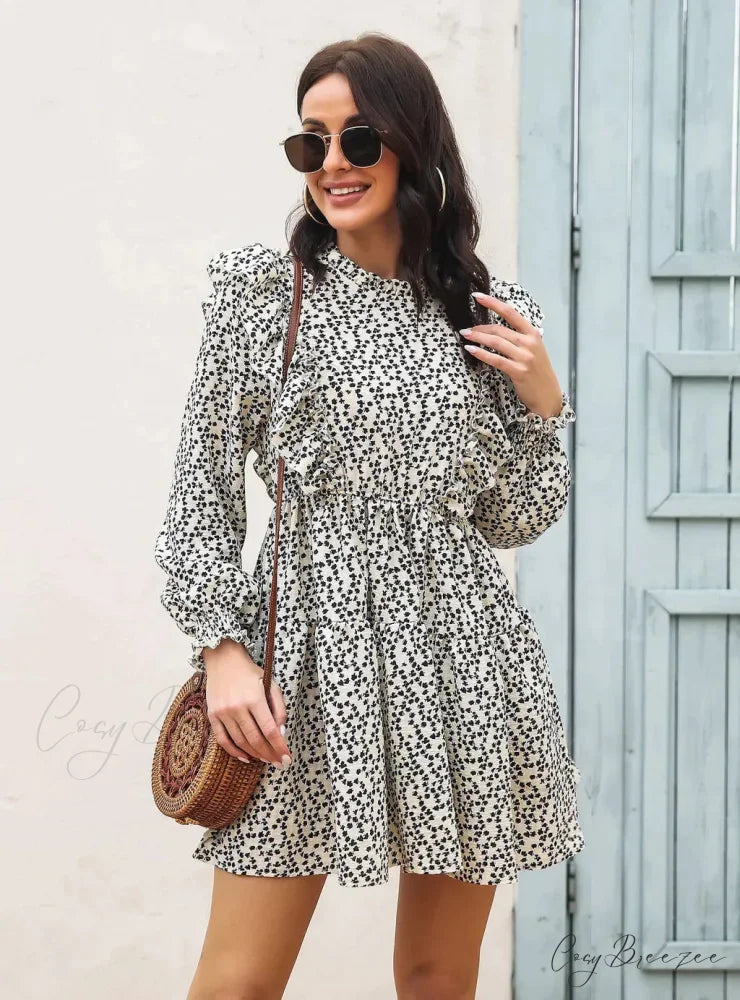 Wood Ear Collar Long Sleeve Printed Dress with Ruffled Detail S / BLACK