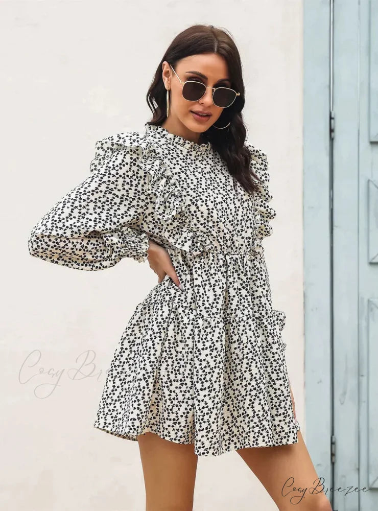 Wood Ear Collar Long Sleeve Printed Dress with Ruffled Detail S / WHITE