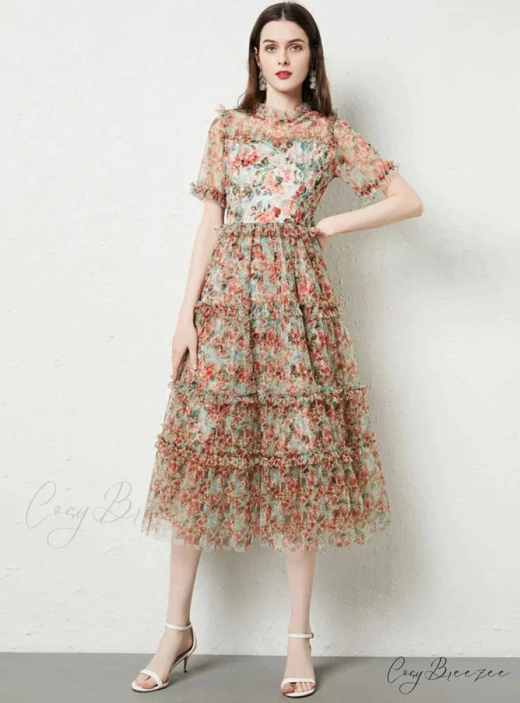 Wooden Ear Gauze Print Dress with Short Sleeves