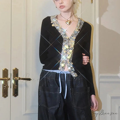 Wool Blend Colorful Sequin V-neck Cardigan