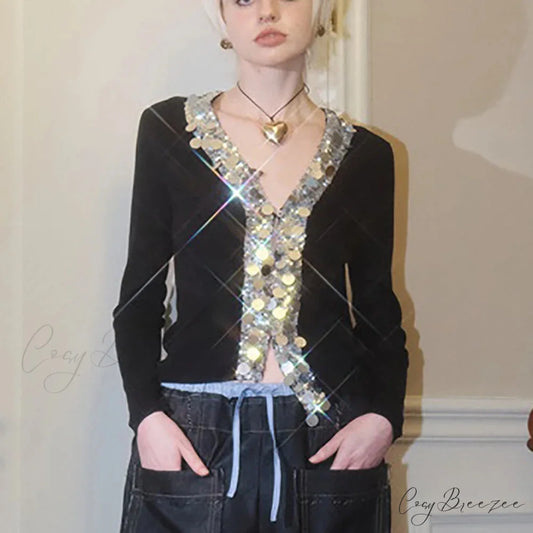 Wool Blend Colorful Sequin V-neck Cardigan Black / S