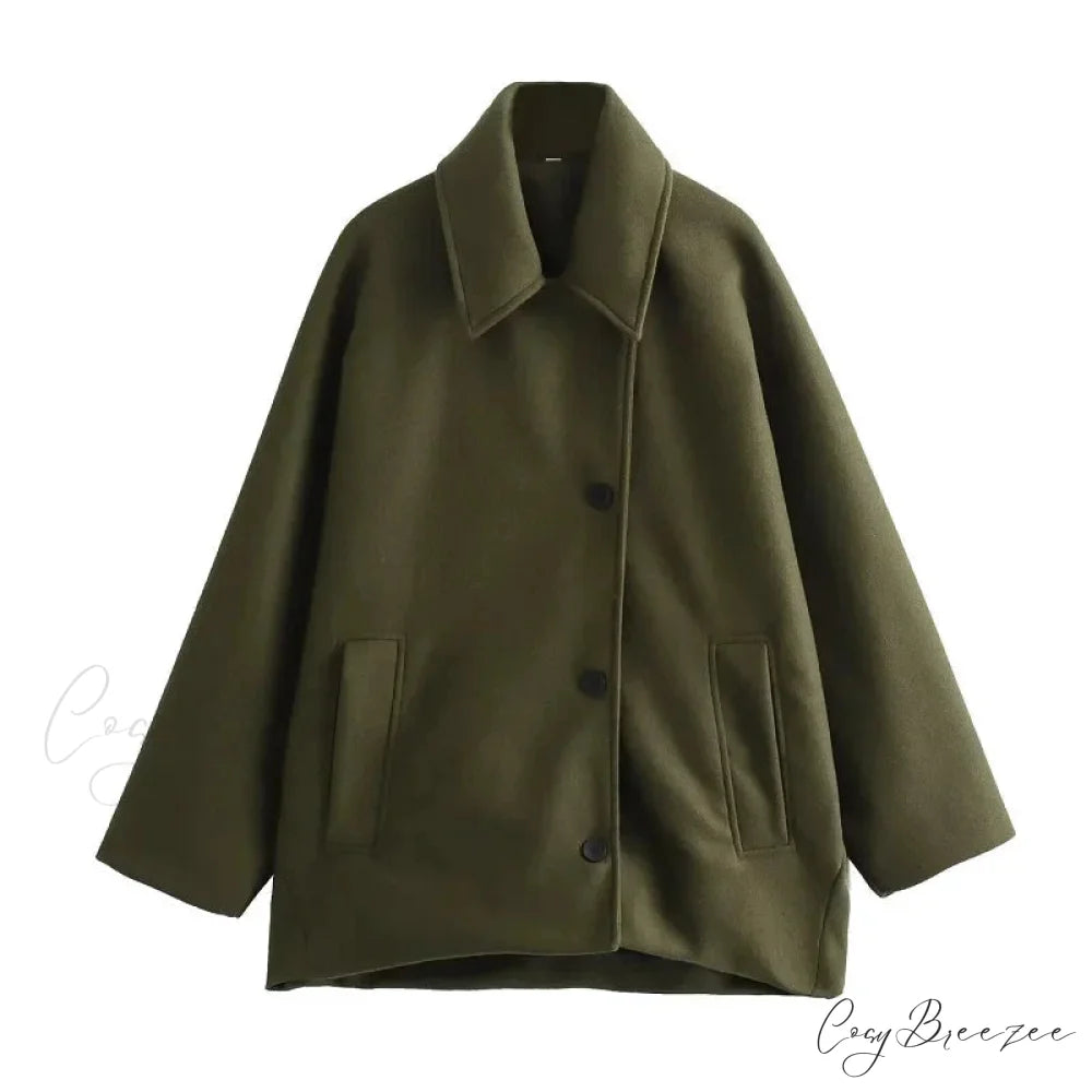 Wool Blends Khaki Green Long Sleeve Coat army green / XS overcoats-241228