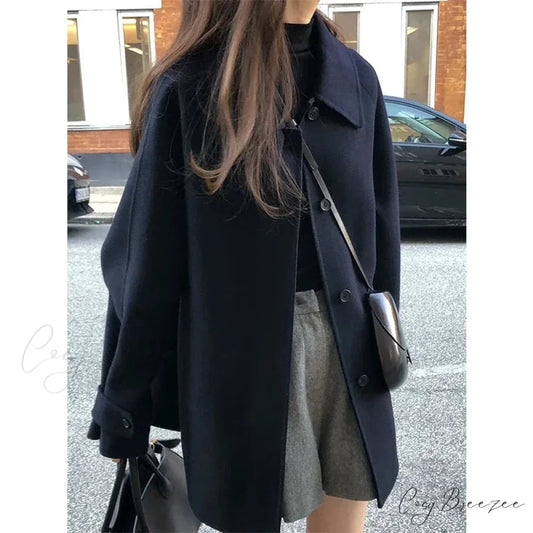 Wool Blends Vintage Korean Streetwear Coat Navy Blue / One Size overcoats-241228