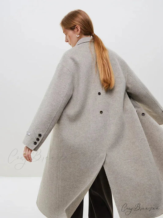 Wool Camel Hair Temperament Oatmeal Long Notched Collar Double Breasted Classic Chic Coat