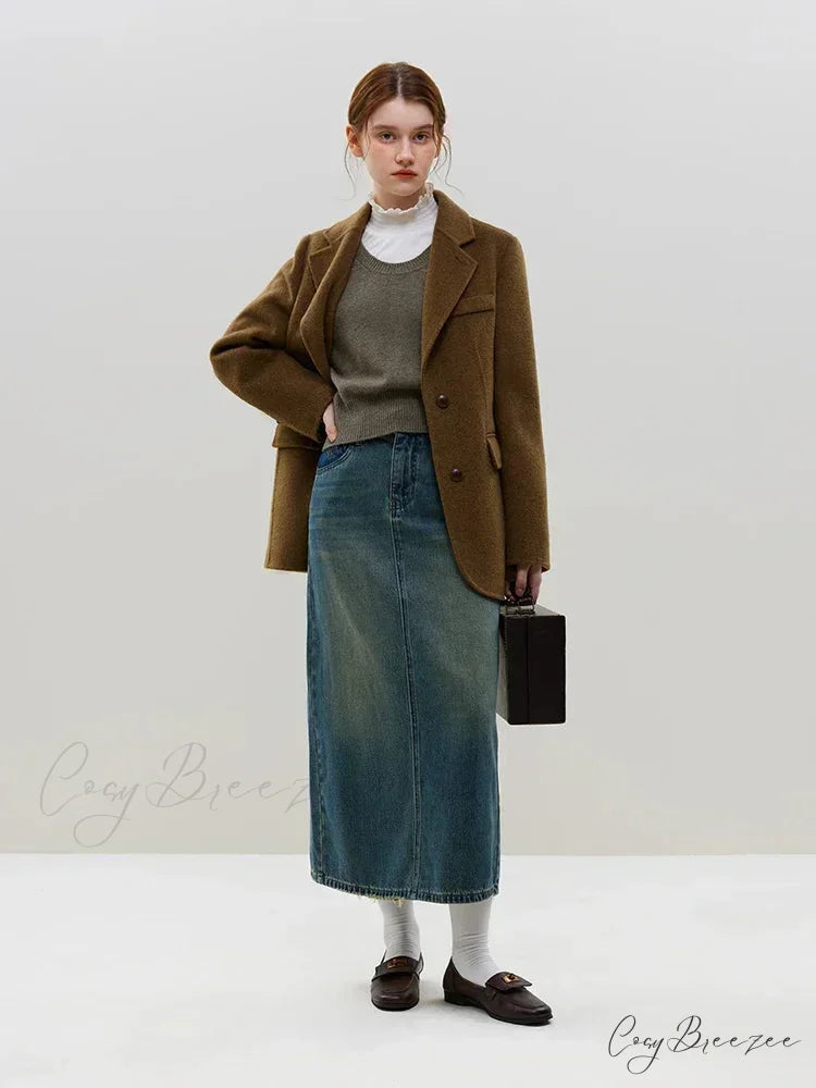 Wool Commuter Short Double-sided Single-breasted Two-button Lady Simple Elegant Coat Brown Green / S