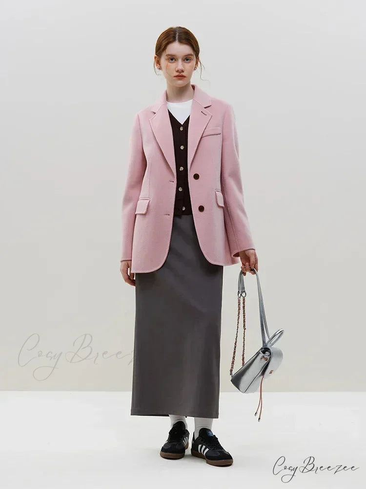 Wool Commuter Short Double-sided Single-breasted Two-button Lady Simple Elegant Coat Pink / S