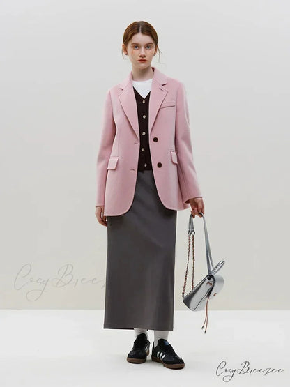 Wool Commuter Short Double-sided Single-breasted Two-button Lady Simple Elegant Coat Pink / S