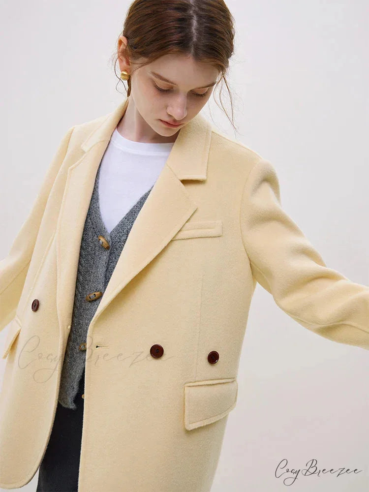 Wool Commuter Short Double-sided Single-breasted Two-button Lady Simple Elegant Coat Yellow / S