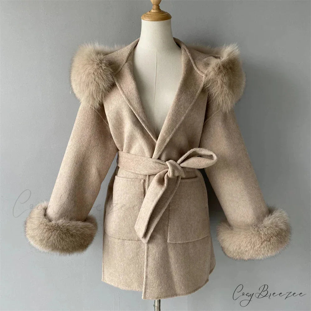 Wool Fox Fur Hooded Winter Coat Beige with cuffs / XXS overcoats-241228