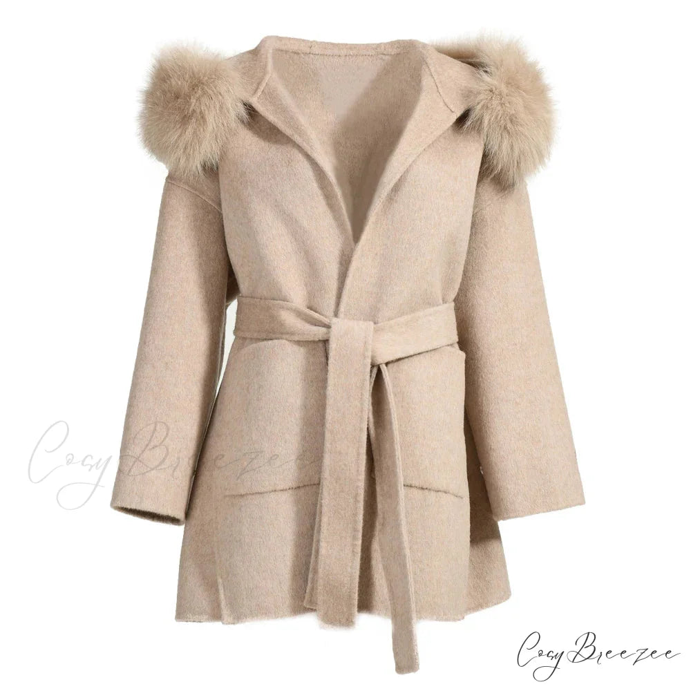 Wool Fox Fur Hooded Winter Coat Beige / XXS overcoats-241228