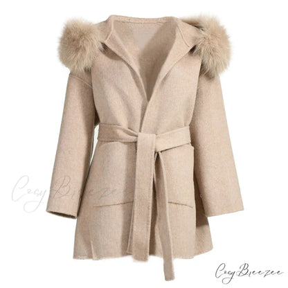 Wool Fox Fur Hooded Winter Coat Beige / XXS overcoats-241228