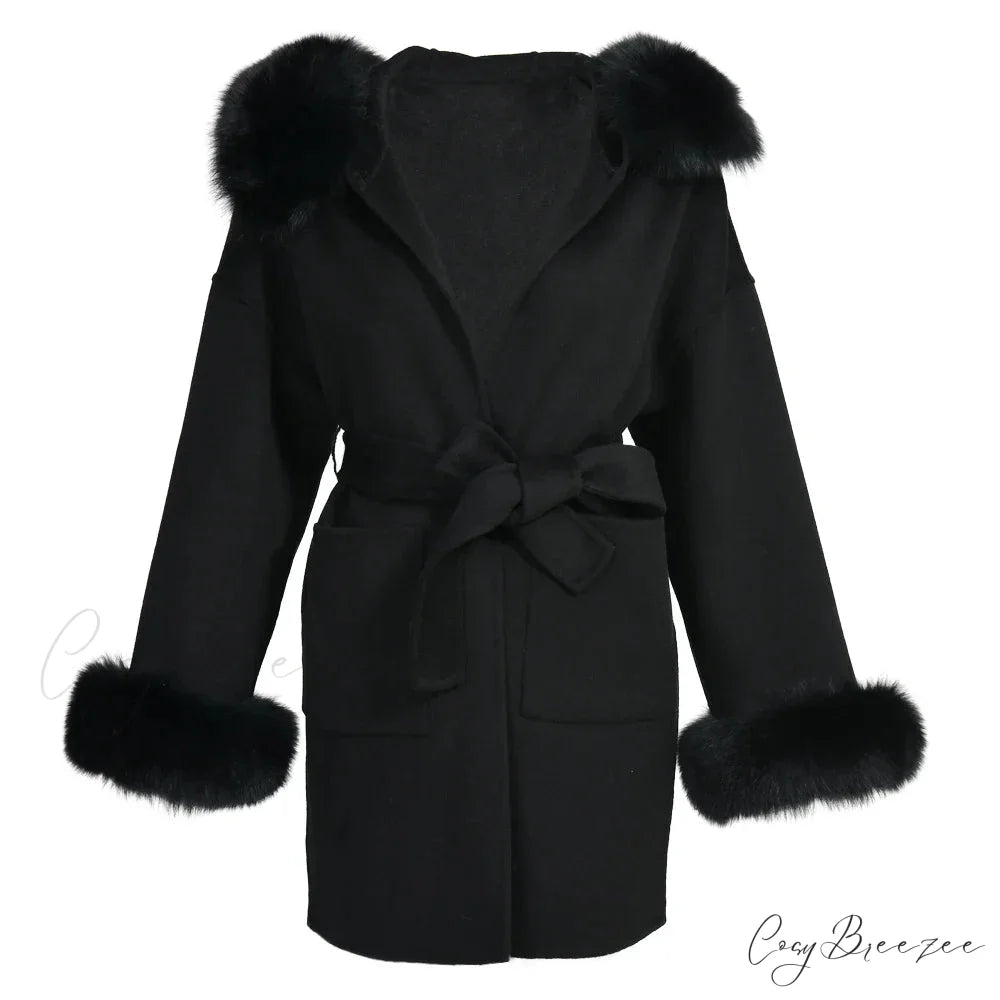 Wool Fox Fur Hooded Winter Coat Black with cuffs / XXS overcoats-241228