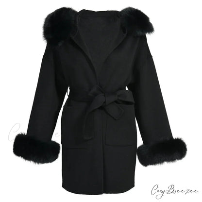 Wool Fox Fur Hooded Winter Coat Black with cuffs / XXS overcoats-241228