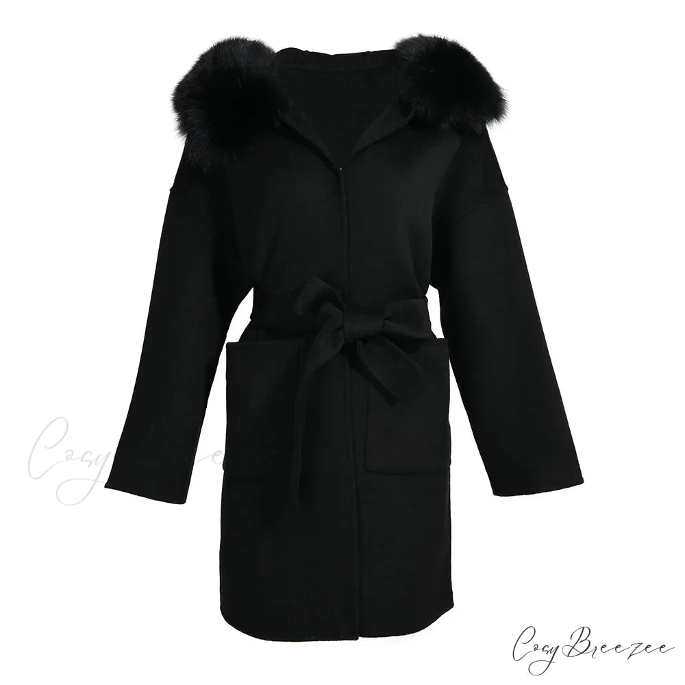 Wool Fox Fur Hooded Winter Coat Black / XXS overcoats-241228